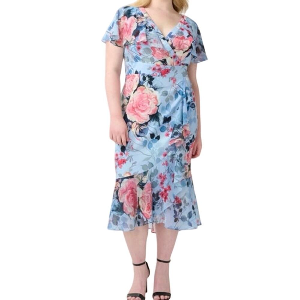 Adrianna Papell Blue Floral Midi Dress with Pink Roses